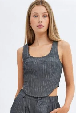 Grey Stripe Corset Top Sleeveless Scoop Neck Longline -FabWear Shop wc0140ax 33cb stripe 4