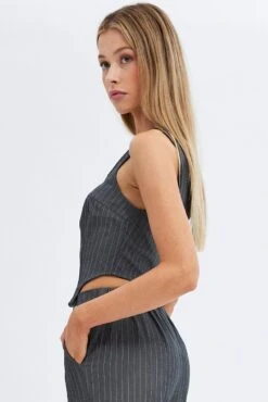 Grey Stripe Corset Top Sleeveless Scoop Neck Longline -FabWear Shop wc0140ax 33cb stripe 5