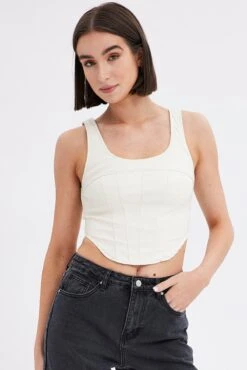 White Faux Leather Corset Sleeveless Scoop Neck Stretch -FabWear Shop wc0140b 33cb cream 3