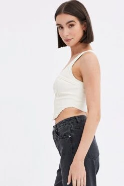 White Faux Leather Corset Sleeveless Scoop Neck Stretch -FabWear Shop wc0140b 33cb cream 4