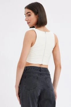 White Faux Leather Corset Sleeveless Scoop Neck Stretch -FabWear Shop wc0140b 33cb cream 5