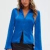 Blue Shirt Long Sleeve Collared Hook & Eye Satin Crepe