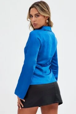 Blue Shirt Long Sleeve Collared Hook & Eye Satin Crepe 10 Blue Shirt Long Sleeve Collared Hook & Eye Satin Crepe -FabWear Shop wc0141 36cb blue 5