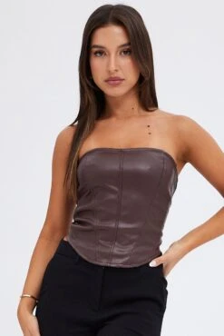 Brown Corset Sleeveless Strapless Longline Faux Leather -FabWear Shop wc0188 33cb brown 3