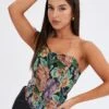 Black Floral Corset Sleeveless Strapless Sweetheart Longline