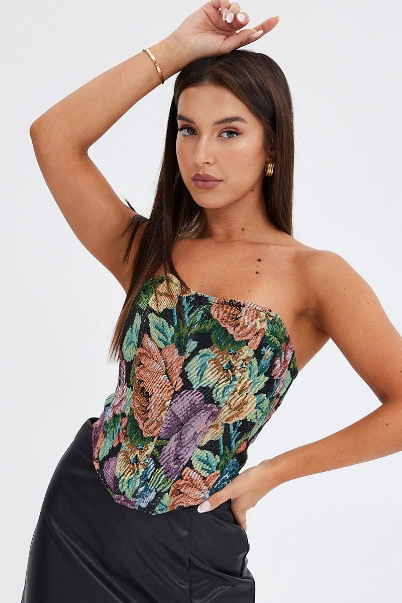 Black Floral Corset Sleeveless Strapless Sweetheart Longline 1 Black Floral Corset Sleeveless Strapless Sweetheart Longline