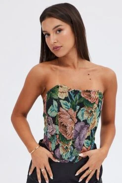 Black Floral Corset Sleeveless Strapless Sweetheart Longline 8 Black Floral Corset Sleeveless Strapless Sweetheart Longline -FabWear Shop wc0189 33cb floral 3