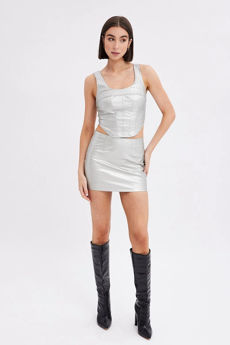 Metallic Corset Top Sleeveless Scoop Neck PU Silver 2 Metallic Corset Top Sleeveless Scoop Neck PU Silver - Image 2