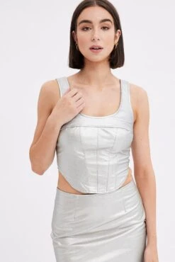 Metallic Corset Top Sleeveless Scoop Neck PU Silver 8 Metallic Corset Top Sleeveless Scoop Neck PU Silver -FabWear Shop wc0201a 33cb metallic 3