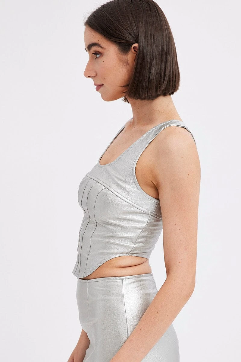 Metallic Corset Top Sleeveless Scoop Neck PU Silver 4 Metallic Corset Top Sleeveless Scoop Neck PU Silver - Image 4