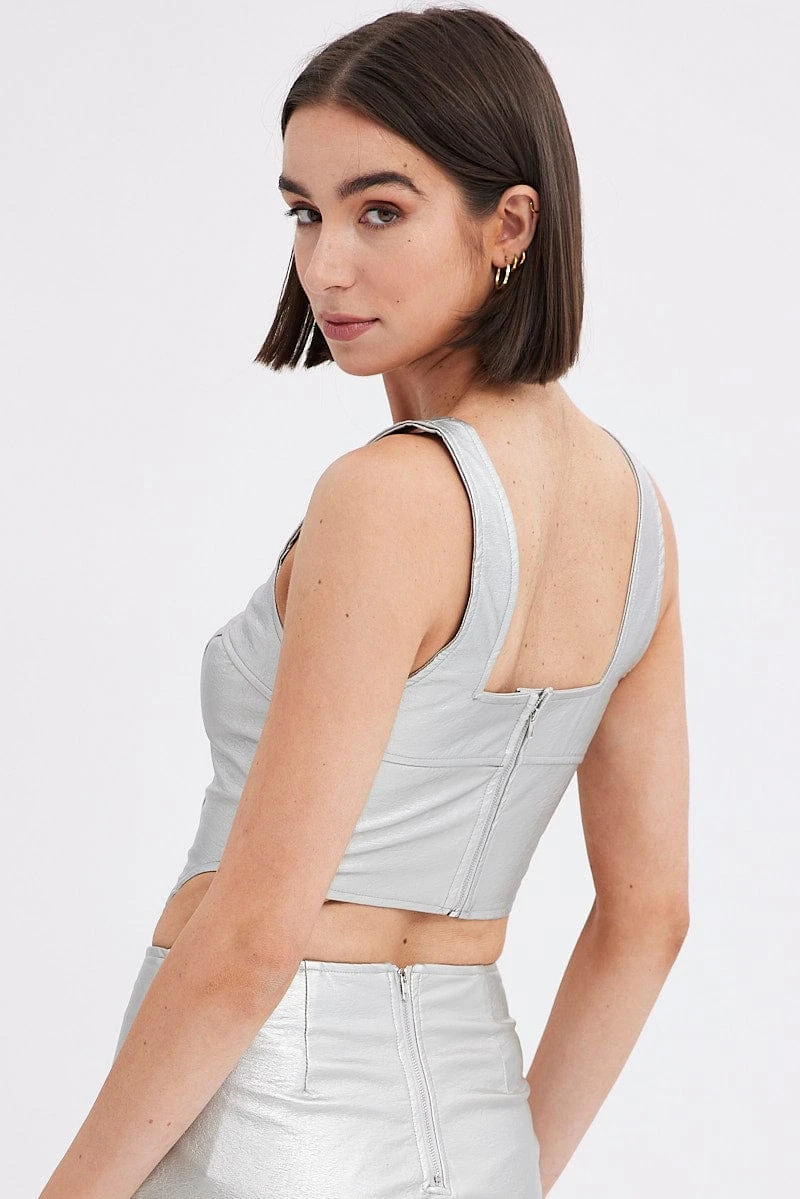 Metallic Corset Top Sleeveless Scoop Neck PU Silver 5 Metallic Corset Top Sleeveless Scoop Neck PU Silver - Image 5