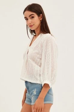 White Shirt 3/4 Sleeve Banded Collar Longline Broidery -FabWear Shop wc1009 38wb white 4