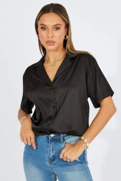 Black Satin Shirt Short Sleeve -FabWear Shop wc1011 47wb black 5
