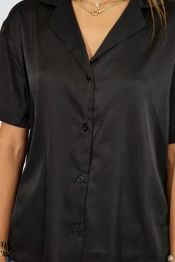 Black Satin Shirt Short Sleeve -FabWear Shop wc1011 47wb black 6
