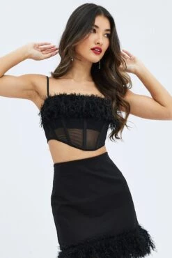 Black Mesh Faux Feather Corset Top