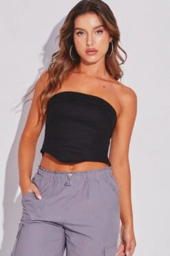 Black Corset Bandeau Top Strapless Crop Shirred Back -FabWear Shop wc1108a 81wb black 3