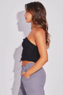 Black Corset Bandeau Top Strapless Crop Shirred Back -FabWear Shop wc1108a 81wb black 4