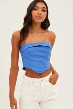 Blue Corset Bandeau Top Strapless Crop Shirred Back -FabWear Shop wc1108a 81wb cobalt 3