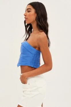 Blue Corset Bandeau Top Strapless Crop Shirred Back -FabWear Shop wc1108a 81wb cobalt 4