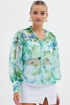 Green Floral Long Sleeve Shirt Chiffon Collared -FabWear Shop wc1144 38w floral 3