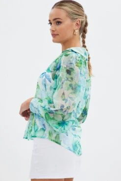 Green Floral Long Sleeve Shirt Chiffon Collared -FabWear Shop wc1144 38w floral 4