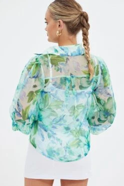 Green Floral Long Sleeve Shirt Chiffon Collared -FabWear Shop wc1144 38w floral 5