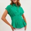 Green Shirt Short Sleeve Collared Gathered Bust
