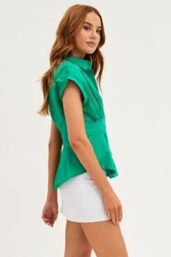 Green Shirt Short Sleeve Collared Gathered Bust -FabWear Shop wc1186 38wb green 4