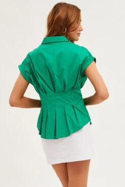 Green Shirt Short Sleeve Collared Gathered Bust -FabWear Shop wc1186 38wb green 5