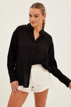 Black Textured Shirt Long Sleeve Collared -FabWear Shop wc1296 47w black 3