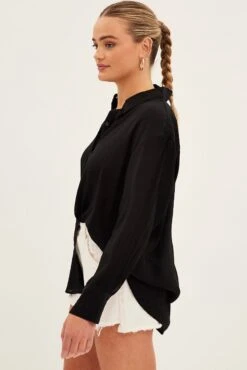 Black Textured Shirt Long Sleeve Collared -FabWear Shop wc1296 47w black 4