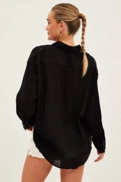 Black Textured Shirt Long Sleeve Collared -FabWear Shop wc1296 47w black 5