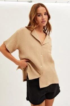 Beige Textured Shirt Short Sleeve Collared Cotton