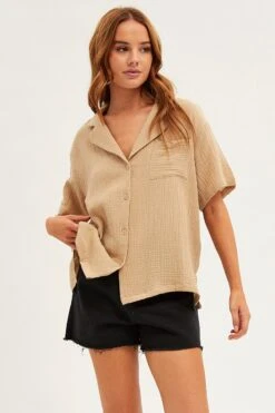 Beige Textured Shirt Short Sleeve Collared Cotton -FabWear Shop wc1301 35w stone 3