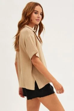 Beige Textured Shirt Short Sleeve Collared Cotton -FabWear Shop wc1301 35w stone 4