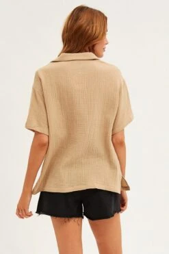 Beige Textured Shirt Short Sleeve Collared Cotton -FabWear Shop wc1301 35w stone 5