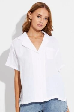 White Textured Shirt Short Sleeve Collared Cotton -FabWear Shop wc1301 35w white 3