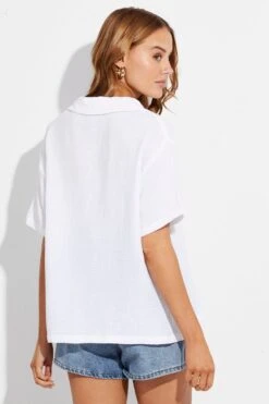 White Textured Shirt Short Sleeve Collared Cotton -FabWear Shop wc1301 35w white 5