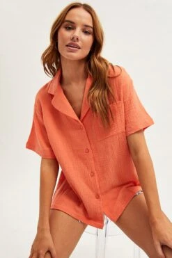 Orange Textured Shirt Short Sleeve Collared Cotton