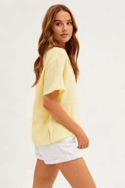 Yellow Textured Shirt Short Sleeve Collared Cotton -FabWear Shop wc1301 35wb yellow 4