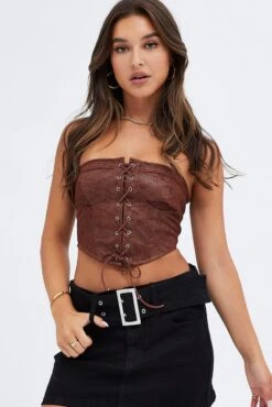 Brown Corset Top With Lace Sleeveless