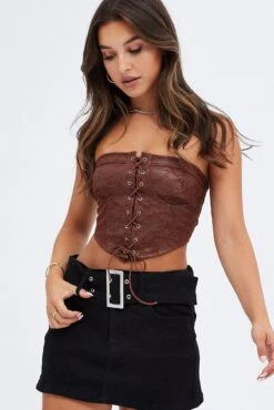 Brown Corset Top With Lace Sleeveless -FabWear Shop wc1348 47wb mocha 3