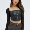 Black Corset Top Long Sleeve Square Neck Faux Leather