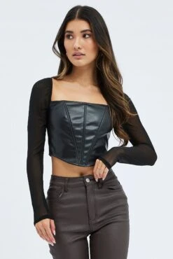 Black Corset Top Long Sleeve Square Neck Faux Leather -FabWear Shop wc14186 47cb black 3