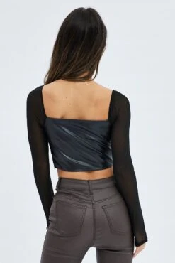 Black Corset Top Long Sleeve Square Neck Faux Leather -FabWear Shop wc14186 47cb black 5