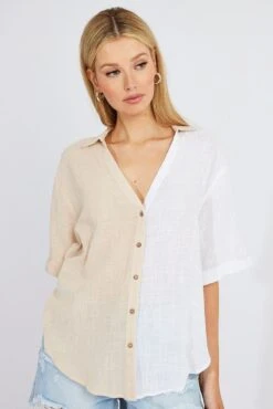 Beige Cotton Half Sleeve Relaxed Colour Block Shirt 8 Beige Cotton Half Sleeve Relaxed Colour Block Shirt -FabWear Shop wc1466 47wb beige 3