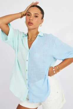 Blue Cotton Half Sleeve Relaxed Colour Block Shirt