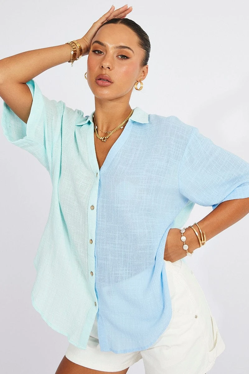 Blue Cotton Half Sleeve Relaxed Colour Block Shirt 1 Blue Cotton Half Sleeve Relaxed Colour Block Shirt