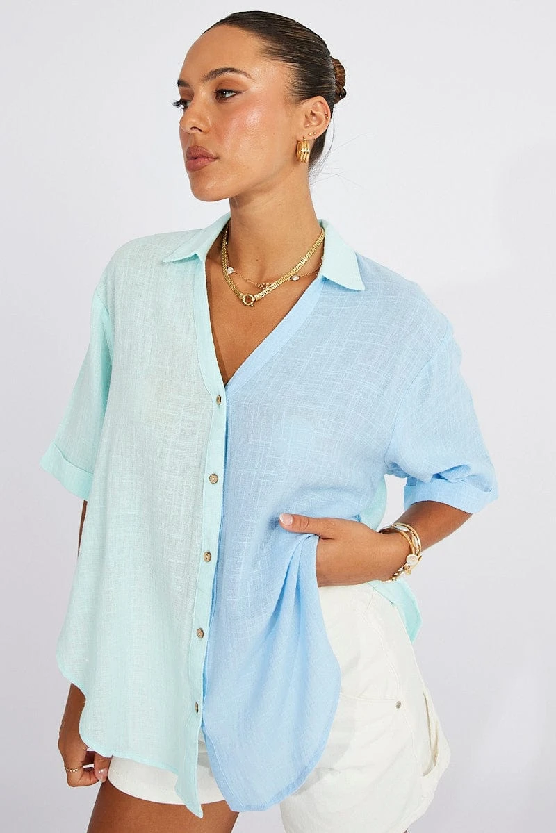 Blue Cotton Half Sleeve Relaxed Colour Block Shirt 3 Blue Cotton Half Sleeve Relaxed Colour Block Shirt - Image 3