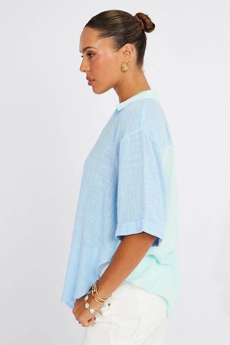 Blue Cotton Half Sleeve Relaxed Colour Block Shirt 4 Blue Cotton Half Sleeve Relaxed Colour Block Shirt - Image 4